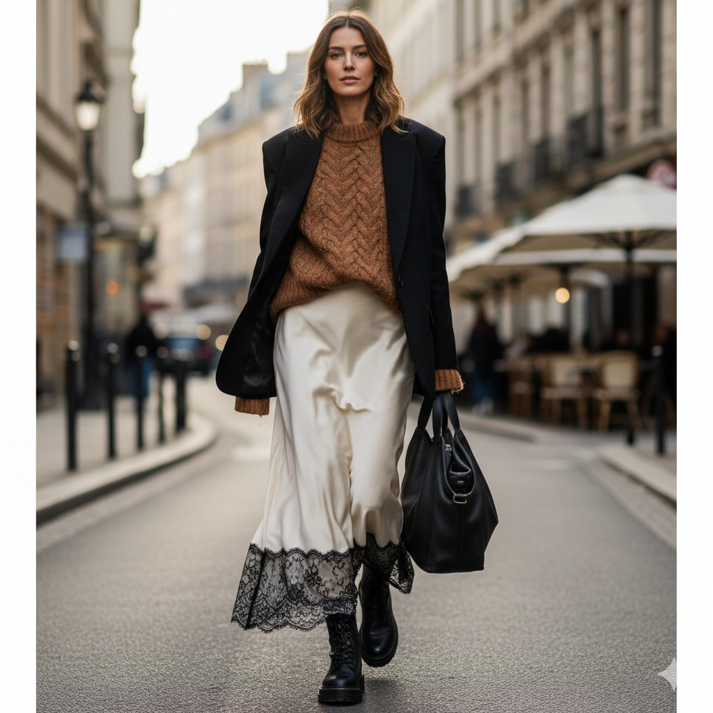 Contrast styling: Lace-trimmed skirt paired with a knit sweater, reflecting new Fashion and Beauty Trends.